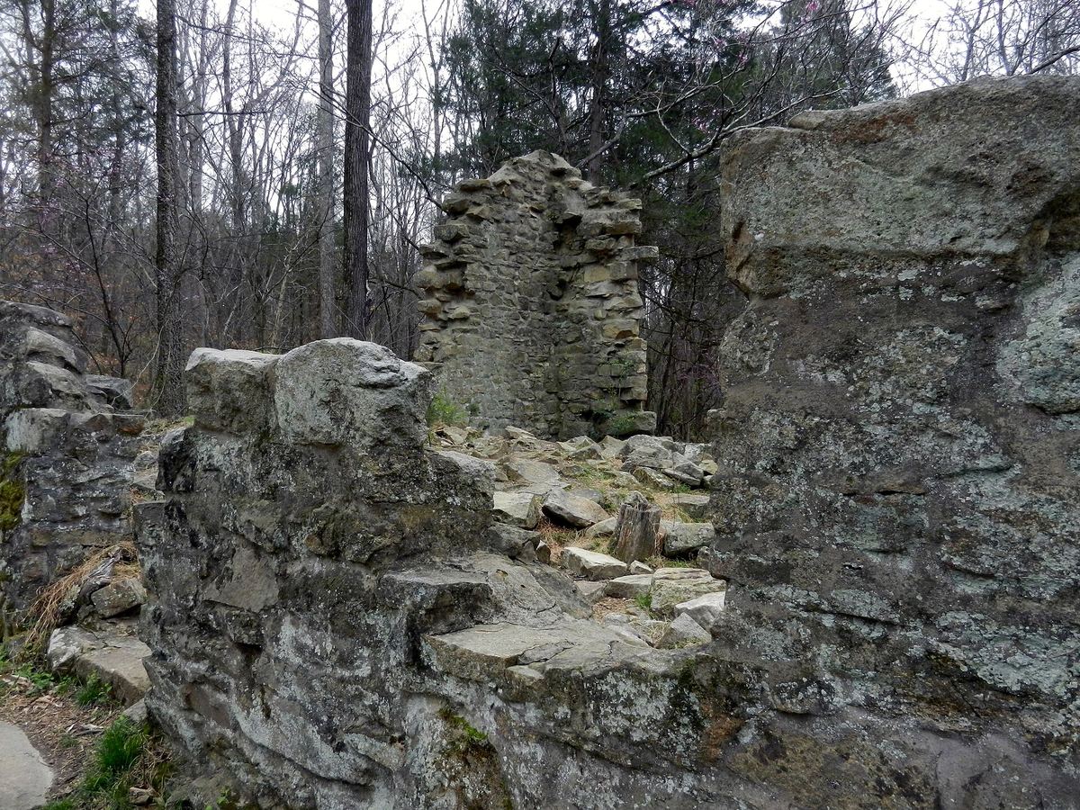 Ruined stone wall and rubble foundations among bare woodland, with a fragment of chimney still standing.